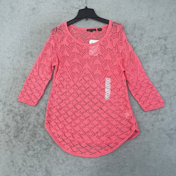 JEANNE PIERRE Sweaters - NWT Jeanne Pierre Sweater Women's Large Pink 100% Cotton Crochet Knit 3/4 Sleeve